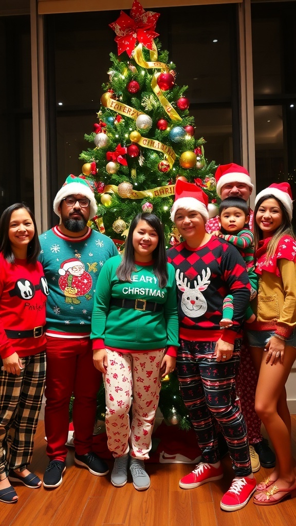 Group of people in festive holiday outfits celebrating Christmas with decorations and a Christmas tree.
